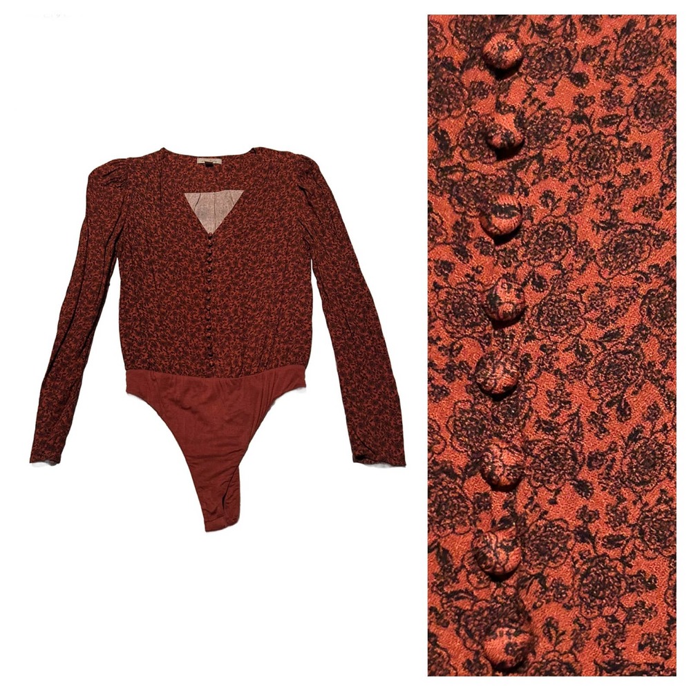 Orange Floral Low Cut Bodysuit One Piece / Women’s Medium *